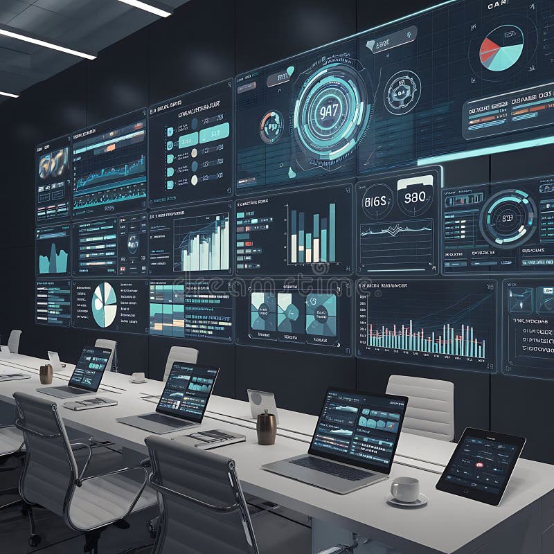 Modern Command Center with Real-Time Global Data Visualization on Multiple Screens. royalty free illustration