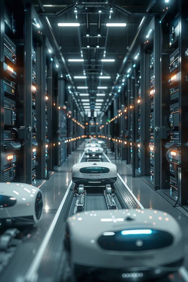 Advanced data center with multiple sleek robotic systems navigating server aisles, highlighting cutting-edge automation, data management, and futuristic technology for modern industrial use. AI generated