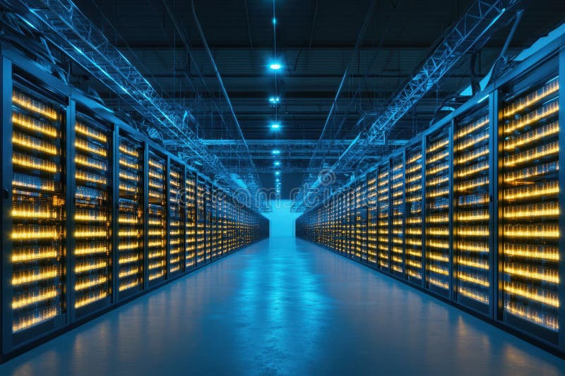 Advanced data center with rows of illuminated server racks operating at night stock images