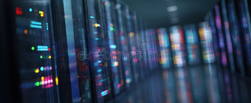 The advanced data center showcasing illuminated server racks in a modern environment.. image royalty free stock photo.