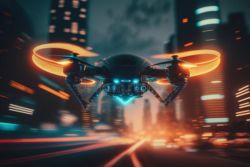 Advanced Drone from the Future Flying Over a City with Neon Lights