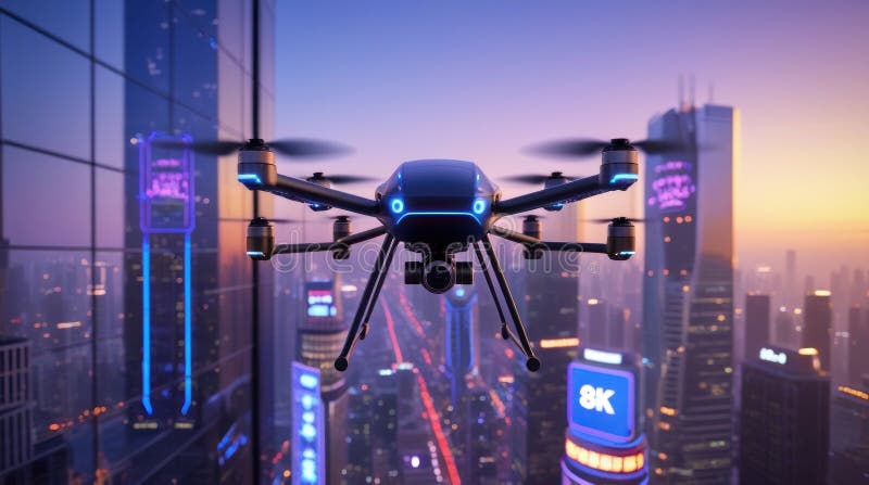 Advanced Drone Hovering in einer futuristischen Stadt bei Dusk mit HighTech Design und Illum vektor abbildung