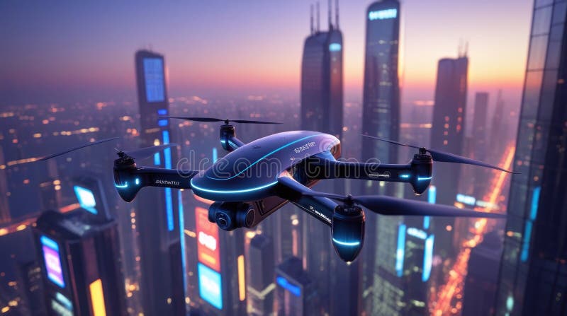 Advanced Drone Hovering in Urban Skyline bei Dusk mit Cutting Edge Technology und Illumin stock abbildung
