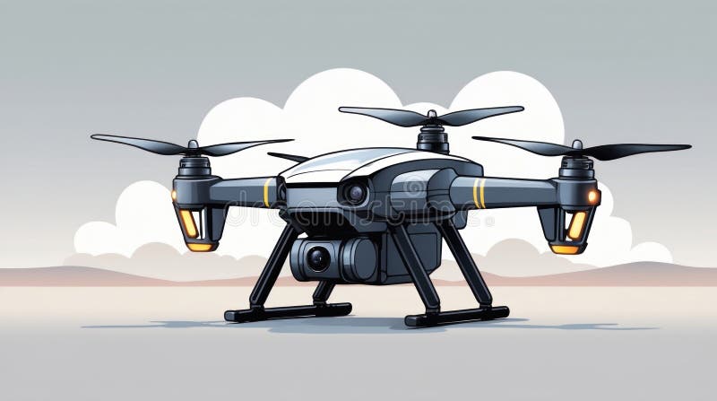 Advanced Drone Hovering über eine serene Landschaft mit Wolken im Hintergrund Ideal für Techno lizenzfreie abbildung