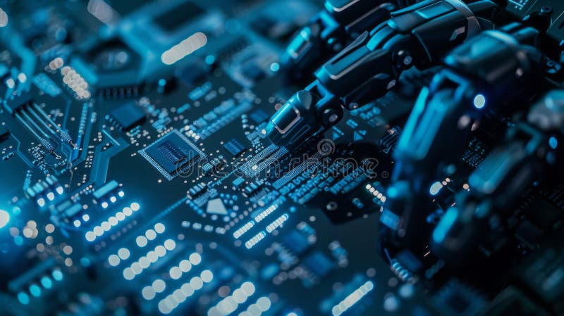 Advanced Edit Concept: Modern Authentic Robotic Arm Holding Contemporary Super Computer Processor Moving into Focus. CPU royalty free stock images