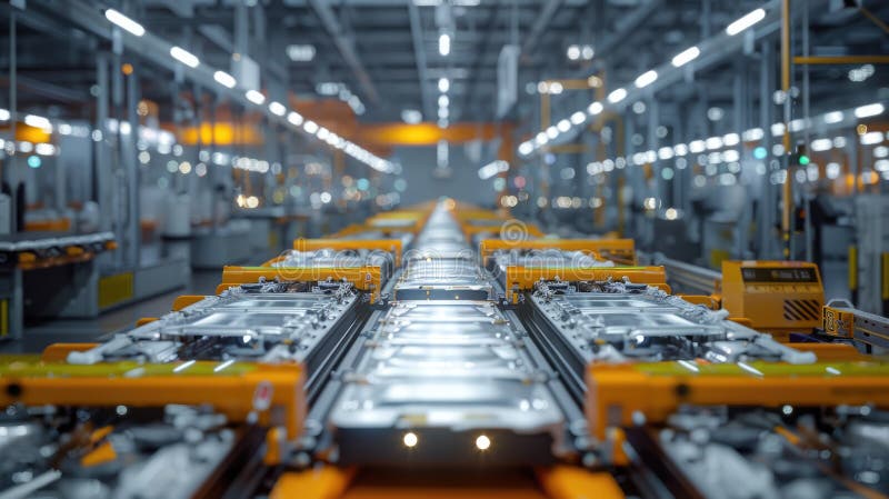 Advanced factory with automated conveyor belts moving EV battery modules seamlessly. EV Battery Components Production stock illustration