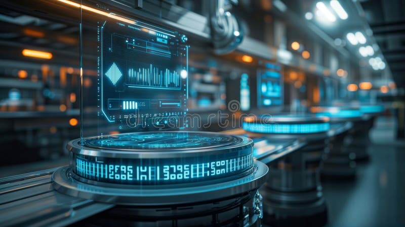 Advanced Factory Automation with Holographic Data Displays, generative ai vector illustration