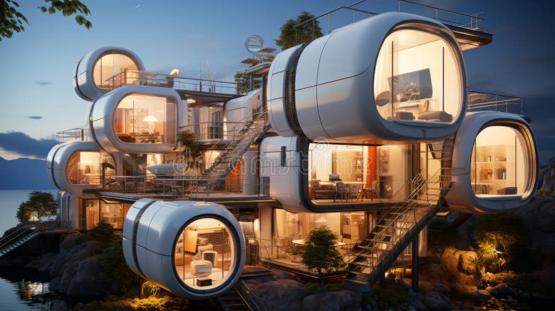 Advanced factory developing innovative modular housing units at dusk with modern architecture vector illustration