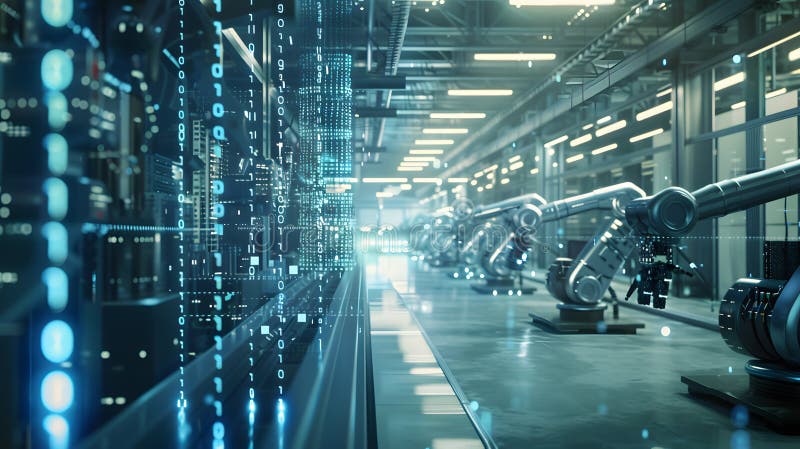 Advanced factory floor with machines operating automation. stock illustration