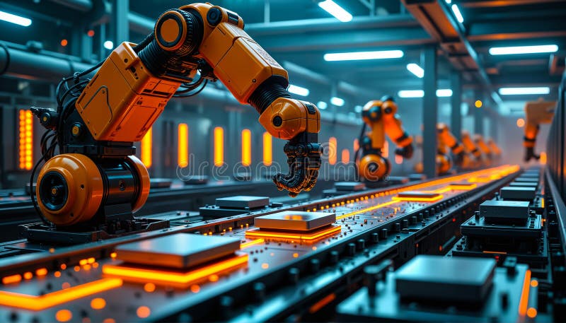 Advanced factory robot interacting with a mechanical component in an automated facility, generated AI royalty free illustration