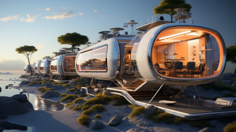 Advanced factory showcases innovative modular housing units along a scenic waterfront at sunset royalty free illustration