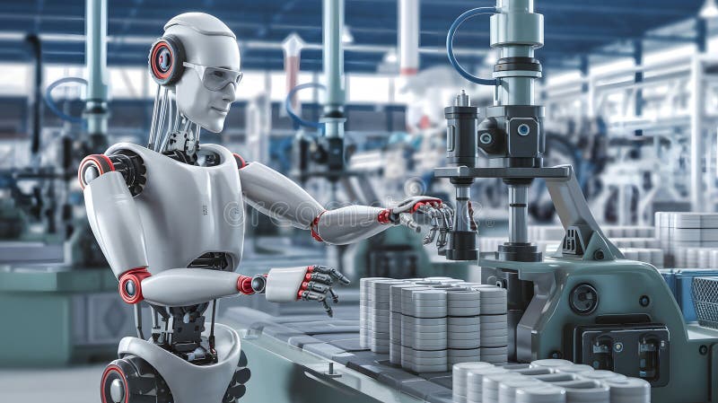 Advanced Factory Worker Robot Operating Machinery in a High-Tech Assembly Line with Humanoid Design and Safety Features for vector illustration