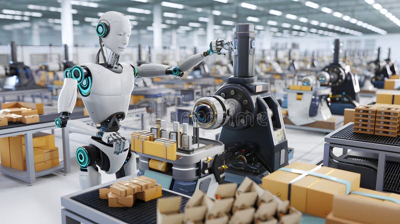 Advanced Factory Worker Robot Operating Machinery in a High-Tech Assembly Line with Humanoid Design and Safety Features for vector illustration