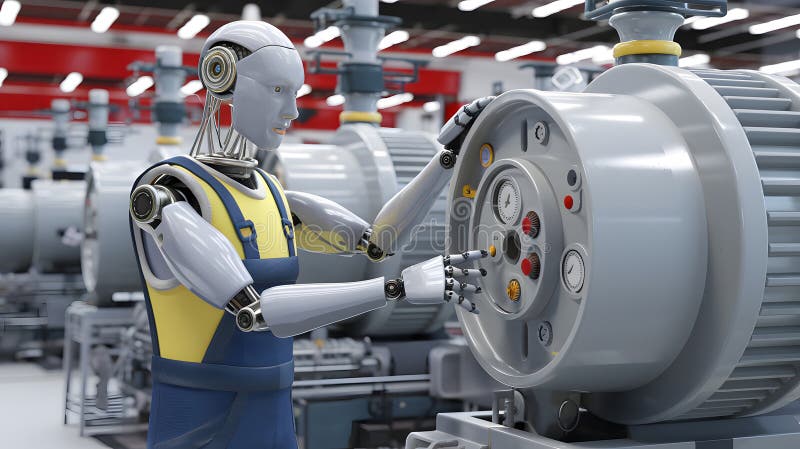 Advanced Factory Worker Robot Operating Machinery in a High-Tech Assembly Line with Humanoid Design and Safety Features for Efficient Production.