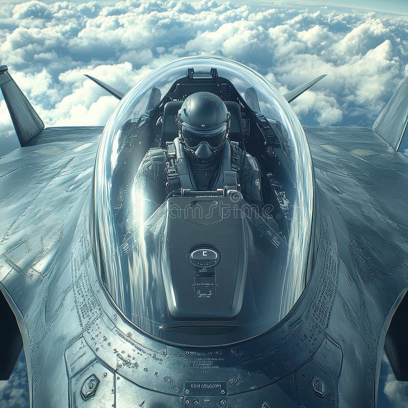 Advanced Fighter Jet Cockpit View with Pilot in High Altitude Flight stock photography