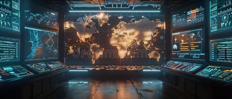 An advanced futuristic control room with a large screen displaying a world map and various data analytics. The room is royalty free illustration