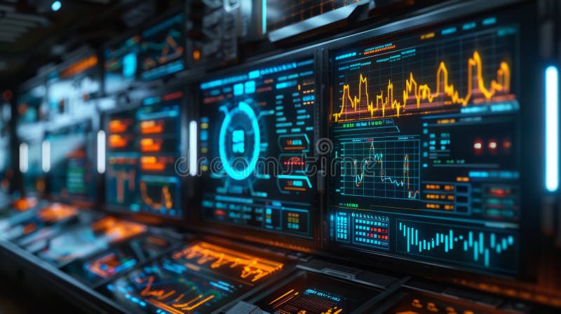 Advanced futuristic control room with multiple digital screens displaying interactive graphs and data analytics. The high-tech stock illustration