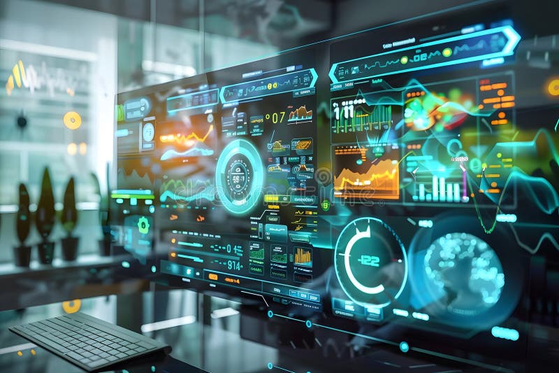 Advanced Futuristic Data Visualization System Displays Complex Information with Interactive Charts and Graphs, Util royalty free illustration