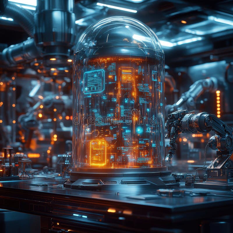 Advanced, futuristic image of a tech or sci-fi setting with intricate machinery, blue and orange lights, possibly royalty free stock photography