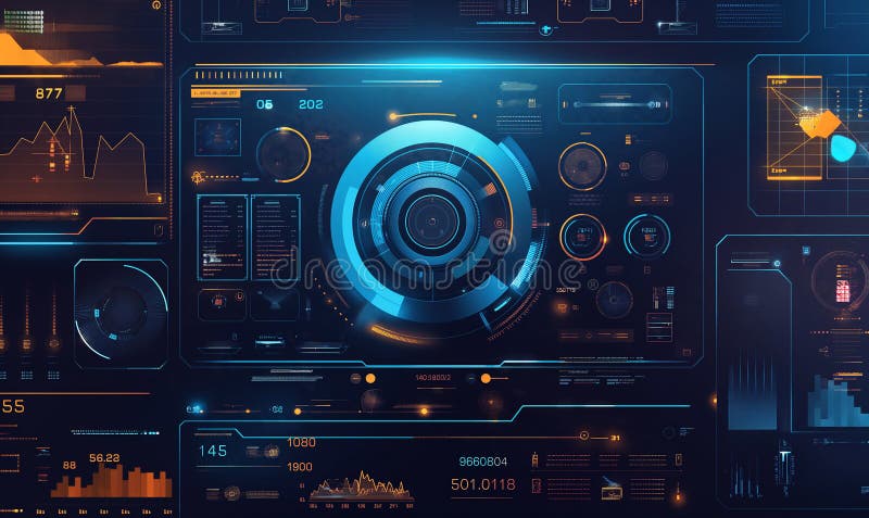 Advanced Futuristic Interface Dashboard with Data Analytics and Holographic Elements. The image displays a complex futuristic interface dashboard that includes various data analytics visualizations. It features a central circular element that could represent a radar or sonar, surrounded by multiple screens and panels showing graphs, numerical data, and abstract technological elements. The color scheme is predominantly dark with blue and orange highlights, suggesting a high-tech