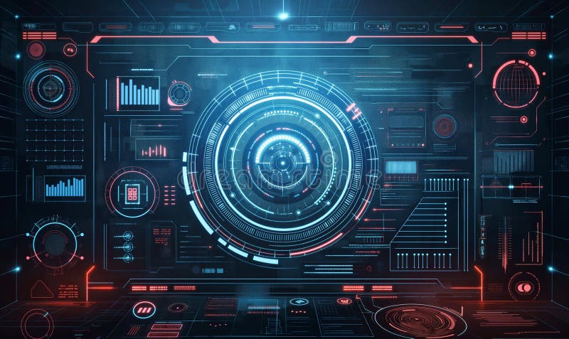 Advanced Futuristic Interface with Holographic Technology Elements and Digital Data Displays stock illustration