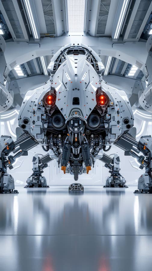 Advanced Futuristic Robot in a High Tech Hangar Environment Imposing Autonomous Mechanical Entity Ready for Deployment vector illustration