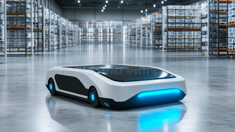 Advanced futuristic robot showcasing innovative design and technology in a modern warehouse setting stock illustration