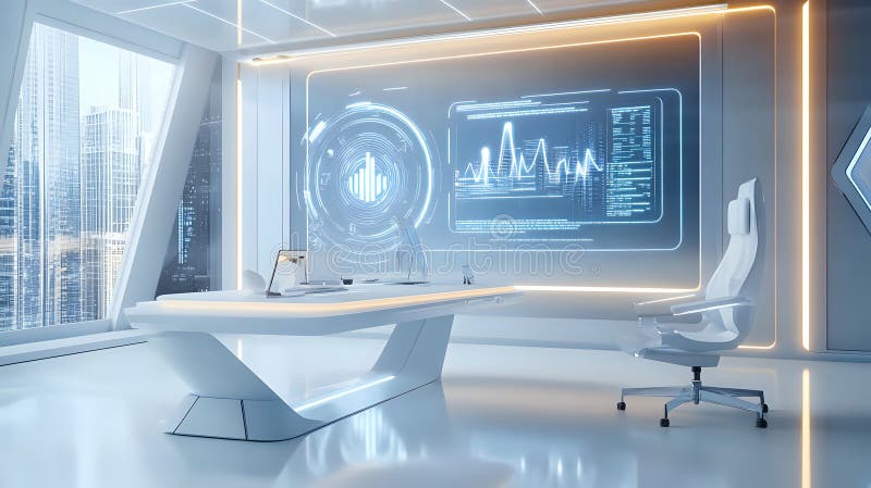 Advanced futuristic workspace with high-tech data visualizations and modern desk setup royalty free illustration
