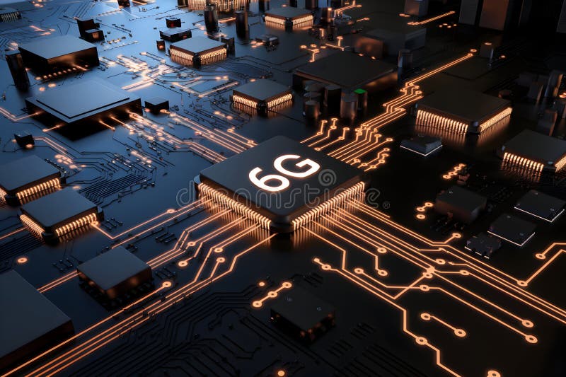 Advanced 6G chip glows on a densely packed circuit board in orange light stock illustration