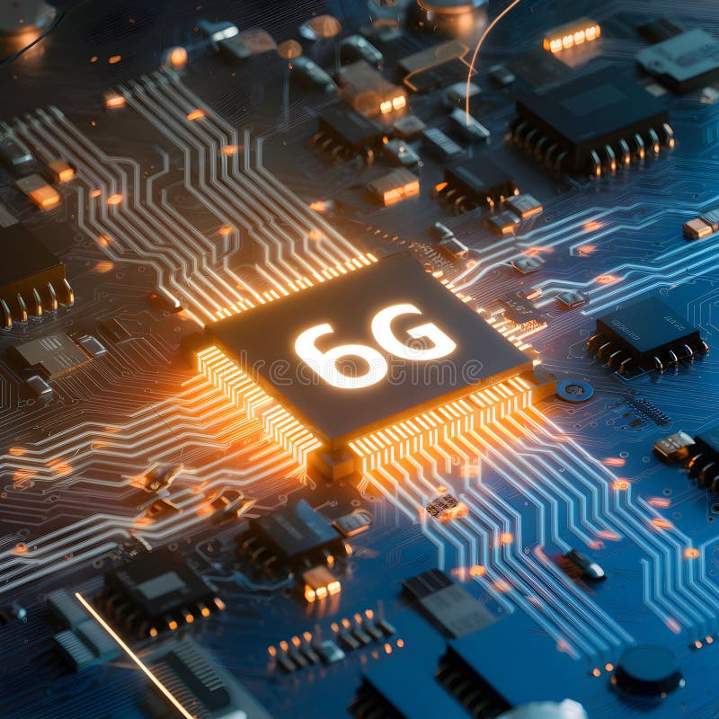 Advanced 6G chip glows on a densely packed circuit board in orange light vector illustration