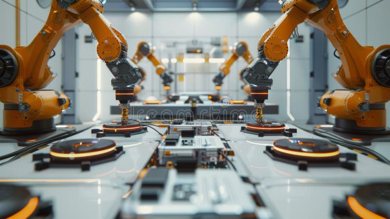 Advanced High Precision Robot Arms on Fully Automated PCB Assembly Line Inside Modern Electronics Factory. Electronic stock illustration