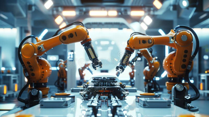 Advanced High Precision Robot Arms on Fully Automated PCB Assembly Line Inside Modern Electronics Factory. Electronic royalty free stock photos