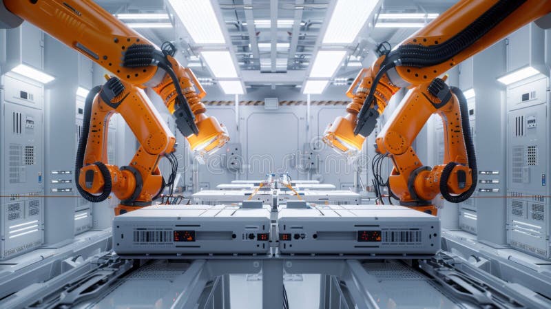 Advanced High Precision Robot Arms on Fully Automated PCB Assembly Line Inside Modern Electronics Factory. Electronic royalty free stock photography