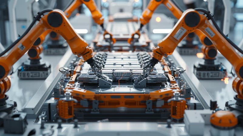 Advanced High Precision Robot Arms on Fully Automated PCB Assembly Line Inside Modern Electronics Factory. Electronic royalty free stock photo