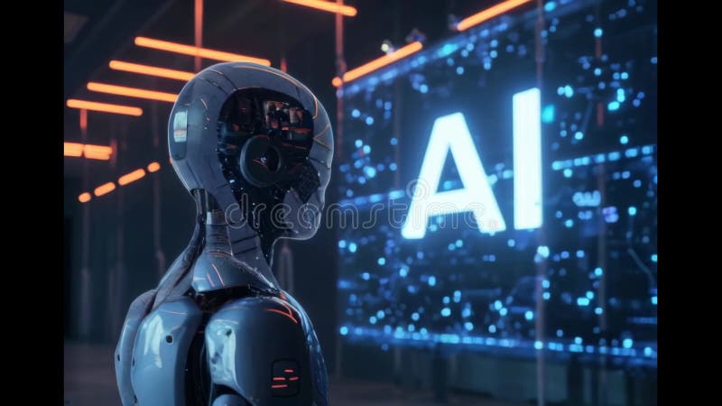 Advanced Humanoid Robot Analyzing Artificial Intelligence Data Stock Advanced Humanoid Robot Analyzing Artificial Intelligence Data Stock