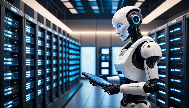Futuristic Robot in Server Room royalty free stock photo
