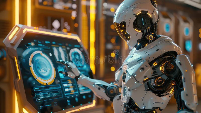 Advanced humanoid robot interacting with futuristic touch screen generated with AI stock illustration