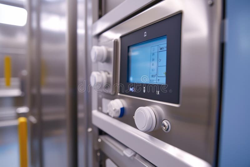 Digital control panel on a lab freeze dryer enables accurate monitoring of temperature and moisture levels during the freeze drying process in a laboratory setting. Controls automation stock images, royalty-free photos and pictures