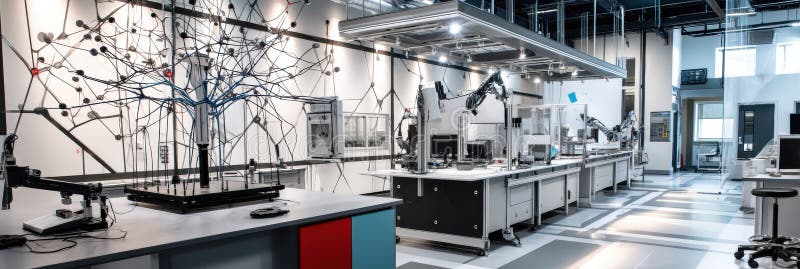 Innovative High-Tech Laboratory Showcasing Suspended Neural Model and Robotic Arms in a Modern Research Facility stock photos