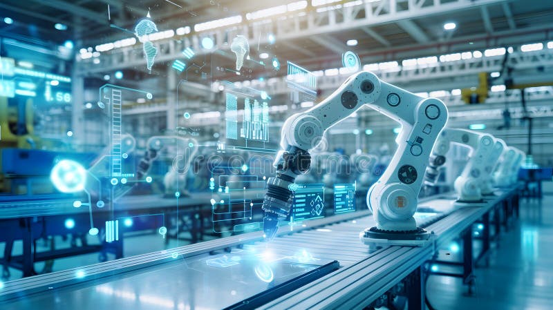 An advanced manufacturing plant filled with robotic. vector illustration