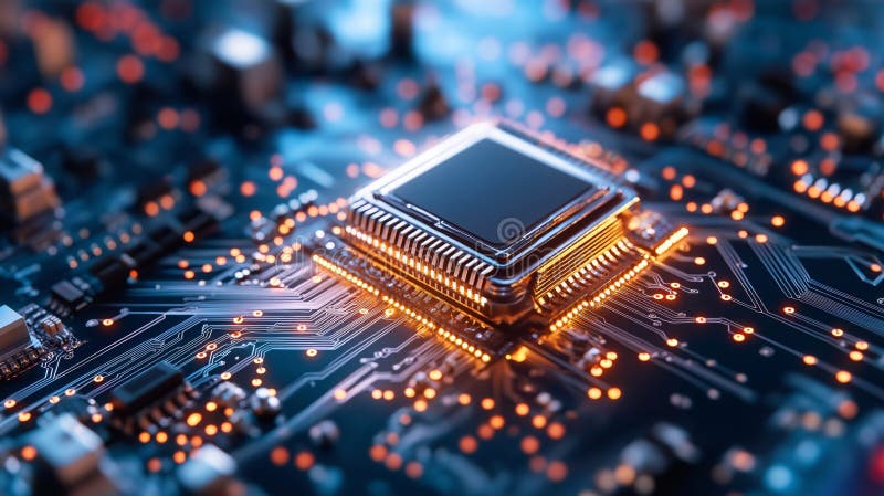 Advanced microchip with glowing circuits vector illustration