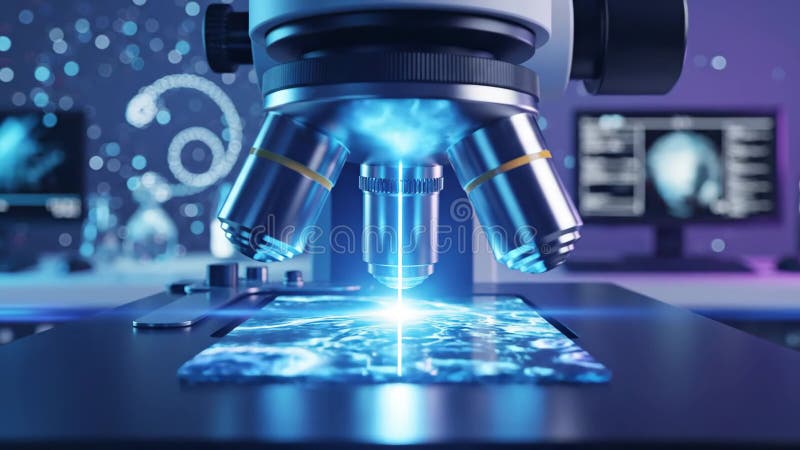Advanced Microscope Examining a Glowing Sample in a Modern Laboratory stock illustration