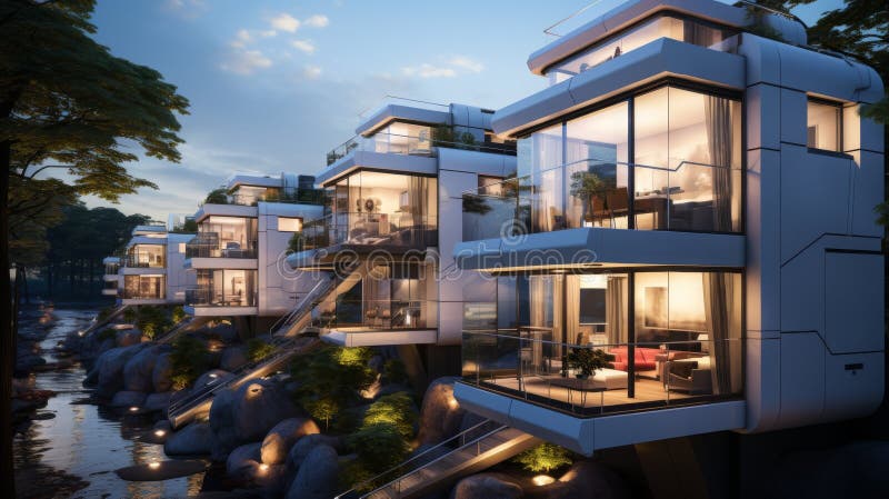 Advanced modular housing unit factory producing innovative living spaces in a serene environment vector illustration
