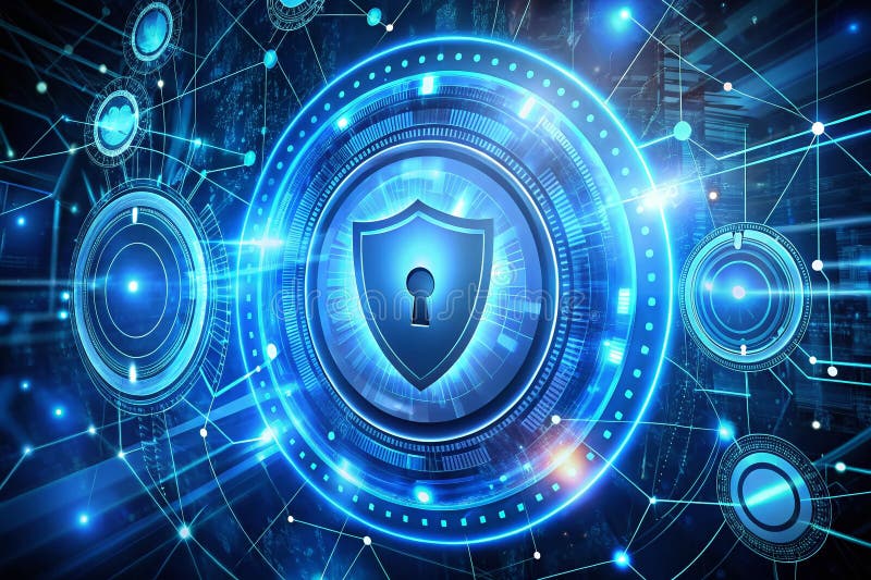Advanced Network Security A Futuristic Concept for Protecting Digital Infrastructure with Holographic Interfaces and stock illustration