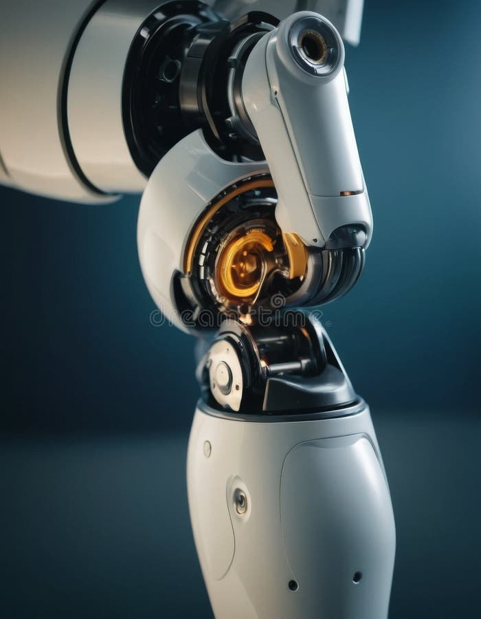 Advanced Robotic Arm Close-Up. Close-up view of a sophisticated robotic arm with intricate joints and a golden orb, exemplifying modern automation technology AI generated
