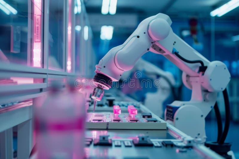 Advanced Robotic Arm in High-Tech Manufacturing Plant royalty free stock image