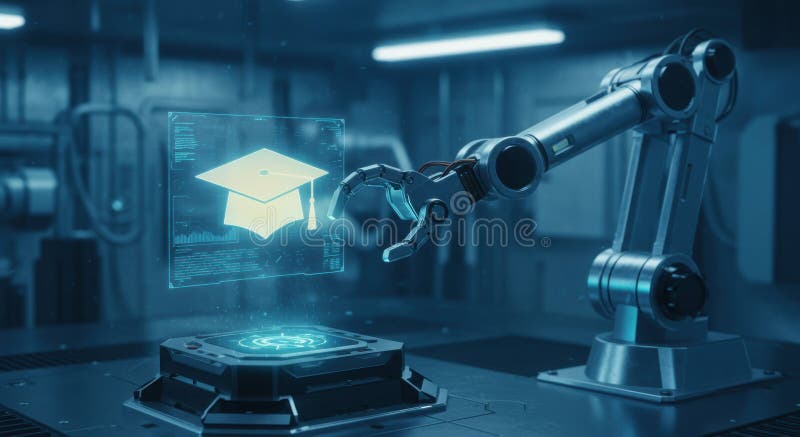 Advanced robotic arm interacts with a glowing holographic education display vector illustration