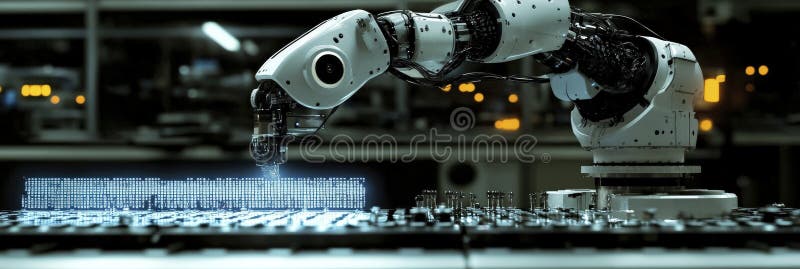Advanced robotic arm placing tiny electronic components stock illustration