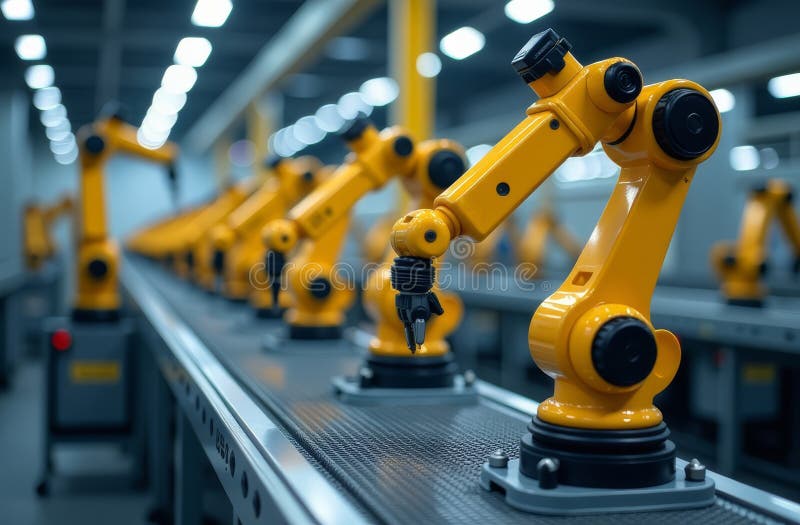 Industrial robotic arms working on a production line in a modern factory stock photography