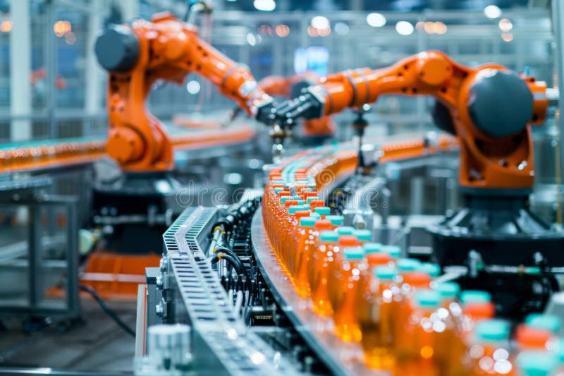 Advanced Robotic Arms Streamlining Production in a Beverage Bottling Facility royalty free stock photography